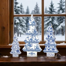 BrightRow 3 Pcs Chinoiserie Christmas Trees Decor Blue and White Christmas Ta...