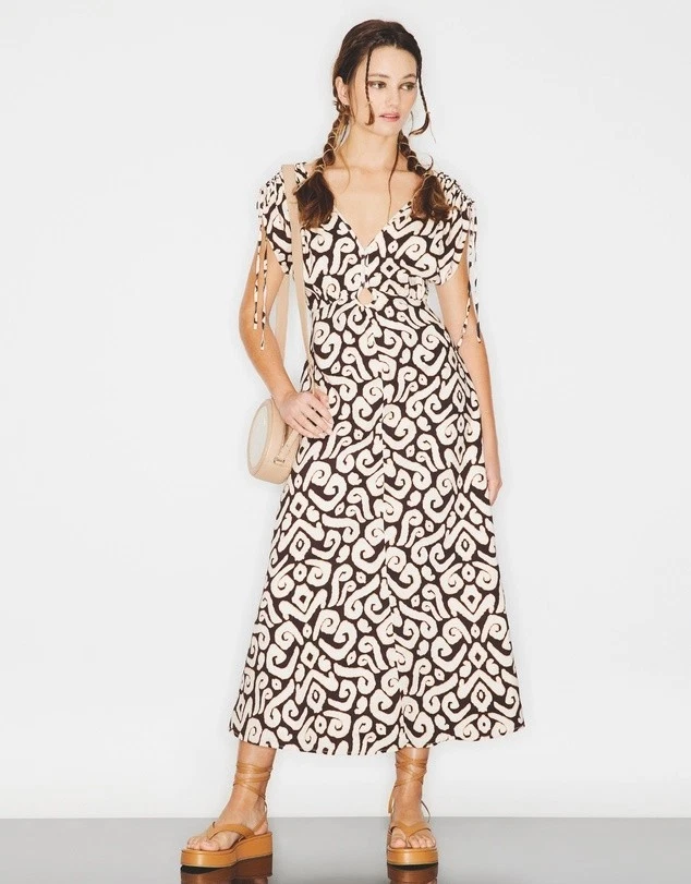 COUNTRY ROAD Women's Gathered Sleeve - Espresso Ikat Print Maxi Dress - Size 10