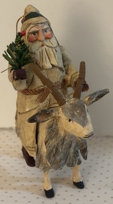 Vtg House Of Hatten Santa Claus Riding Billy Goat Ornament Folk Carved Rawson