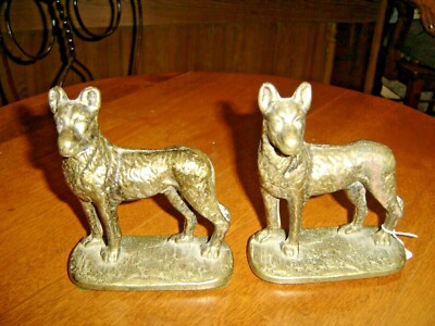 Pair Antique Cast Iron Dog Bookends ~ German Shepherds ~ Brass finish #760