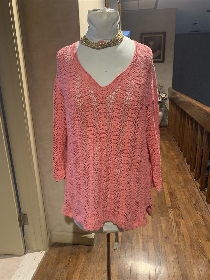 KATE HILL PETITE LINEN/COTTON PINK CROCHET SWEATER VNECK SWEATER SZ