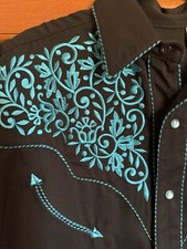 Gibson Trading Co Shirt Mens Med Black Teal Pearl Snap Embroidered Western