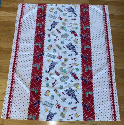 Vtg Cheery Dish Towel Tablecloth Red Dots Rooster Weathervane Potbelly Stove - Picture 1 of 2