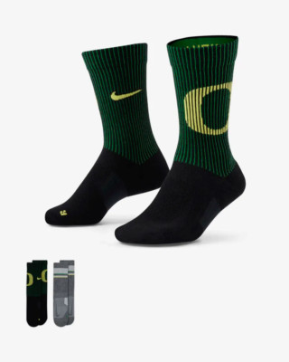 NIKE OREGON DUCKS MULTIPLIER CREW SOCKS 2-PACK SIZE L (8-12) FOOTBALL GREEN GRAY