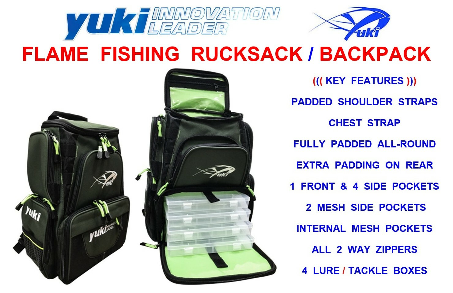YUKI FLAME FISHING RUCKSACK & 4 LURE BOXES COARSE SEA BOAT BACKPACK TACKLE BAG