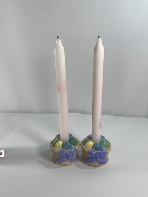 Vintage Easter Egg Basket Candle Holders Set  2 American Greetings Lavender Bow!