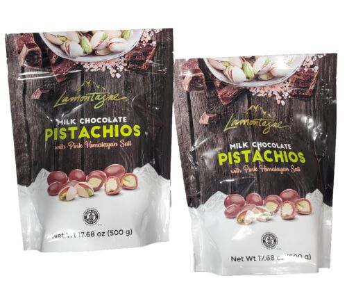 2 Pk Milk Chocolate Pistachios 💚w/  Pink Himalayan Salt  Lamontagne 17.68 oz ea - Picture 1 of 4