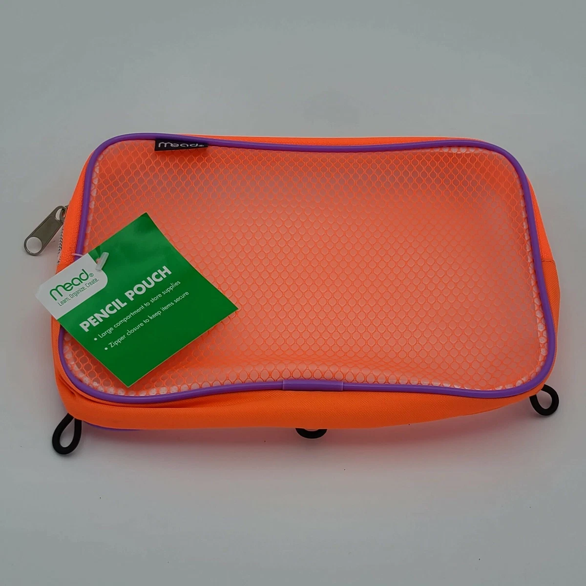 Mead Clear Pencil Pouch, 9 x 6, Neon Orange/Purple, Zipper Semi Clear.  New!!