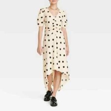 NWT A New Day Beige Polka Dot Crepe Short Sleeve Midi Dress Size Small