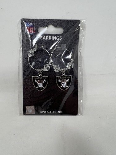 LAS VEGAS RAIDERS DANGLE EARRINGS NFL CLEAR BEADS HOOP WITH TEAM LOGO LICENSED
