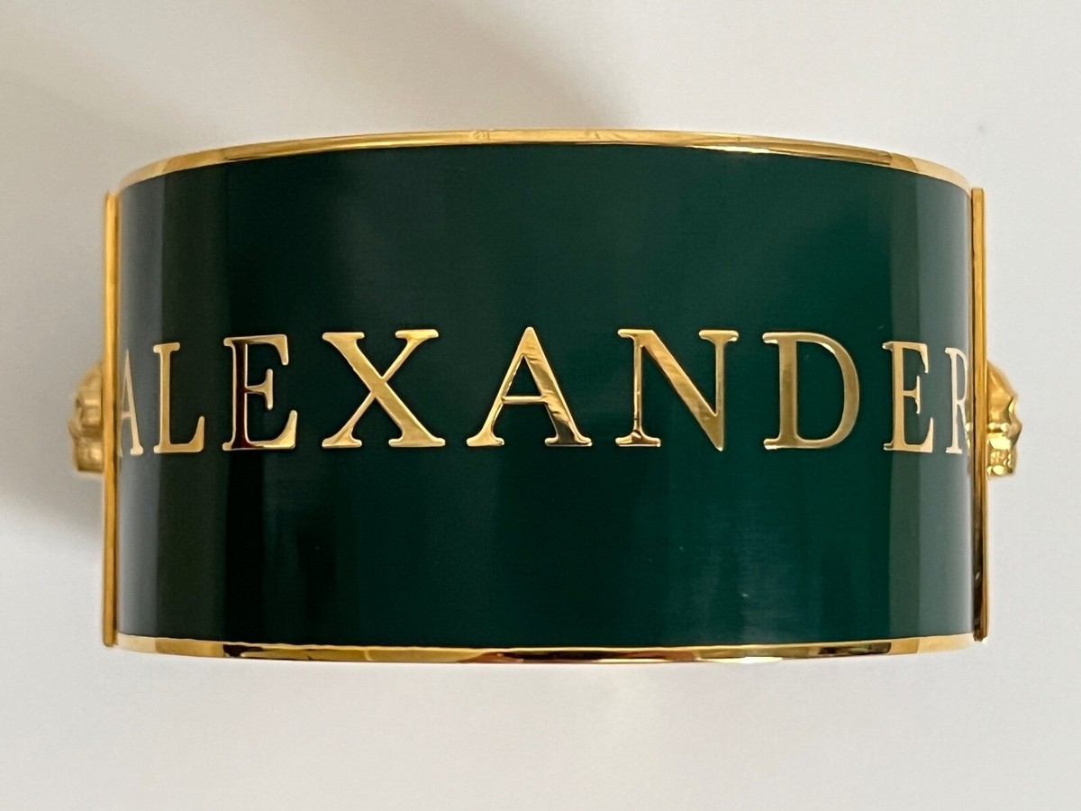 New Alexander McQueen Name Logo Skull Dark Green Gold Wide 