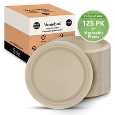 Ibambo Bamboo Disposable Paper Plates - 7 Inch, 125 Pack, Compostable Plates