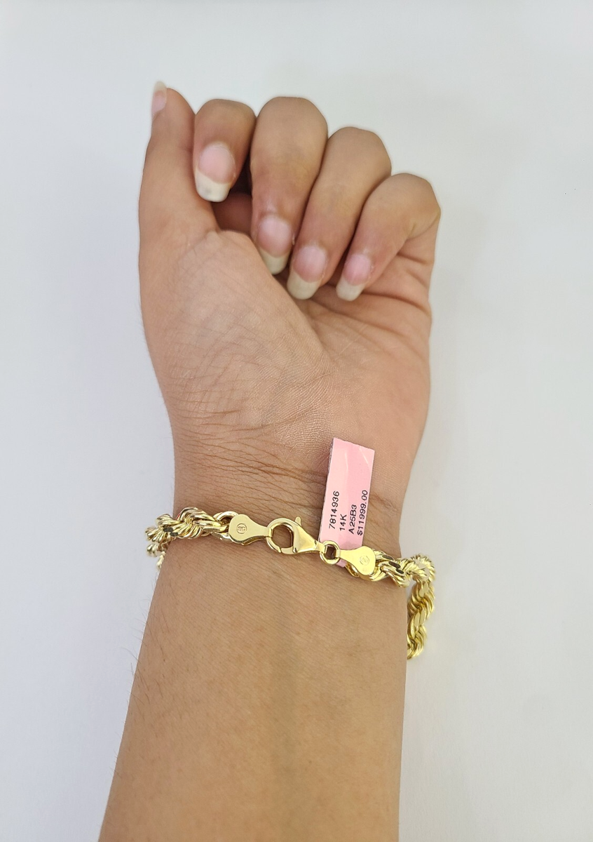 14Kブレスレット Real 14k Yellow Gold Rope Bracelet 6mm 7'' Inches Lobster Clasp