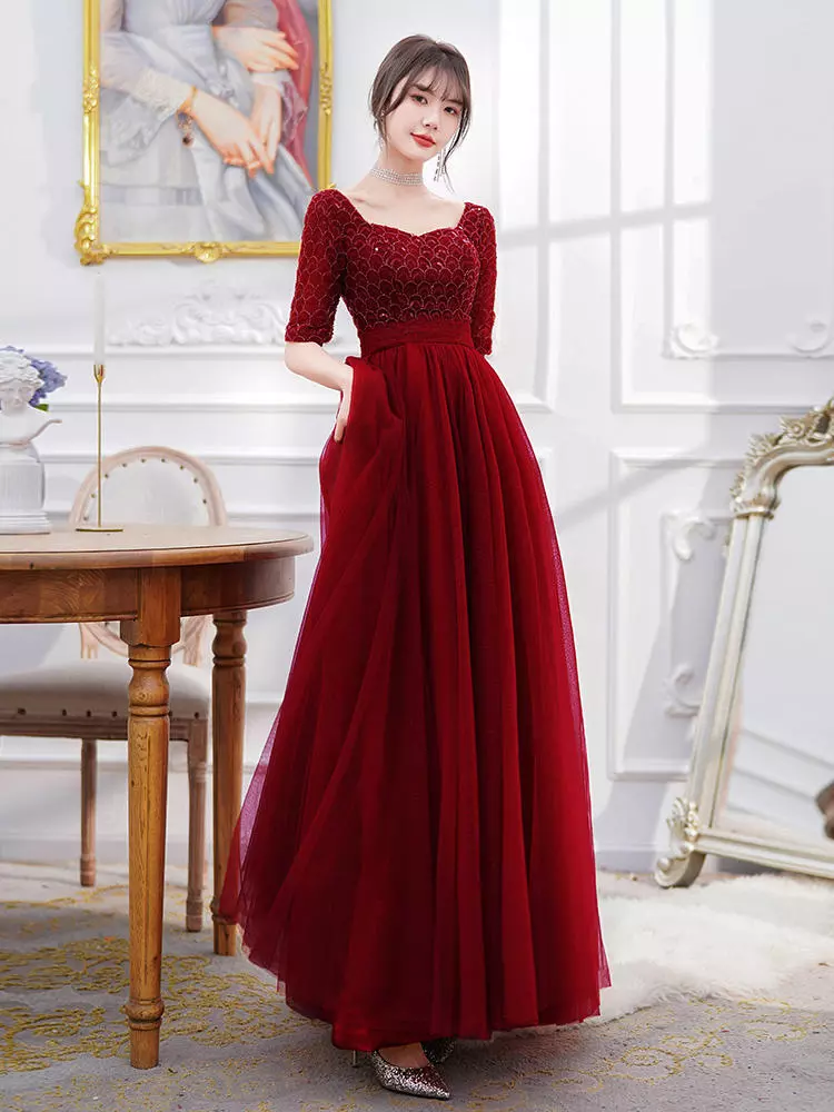 Strapless dark red ball gown lace appliques pearls crystals sequins be –  Anna's Couture Dresses