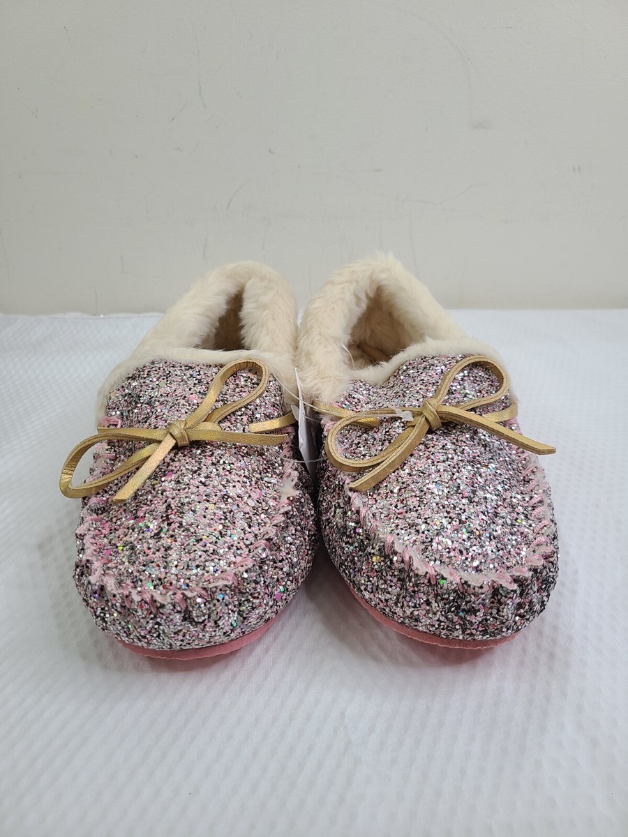 Lucky Brand Girls Plush Glitter Bow Moccasin Slippers, Rubber Sole Ind – Ashko Group
