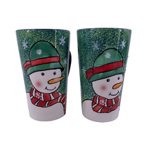 Sakura Snowman Smiles Coffee Mugs Set of 2 Merry Christmas 16 ounces 6" tall