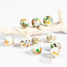 10x Glasperlen Murano Lampwork Weiß bunte Sprenkel 10mm GlitzerInsel 00358d
