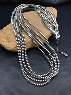Navajo Pearls 4mm 5 Strand Sterling Silver Bead Necklace 32'' 16782