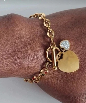 Bracelet gourmette souple charms coeurs acier inoxydable doré top qualité - Photo 1/4