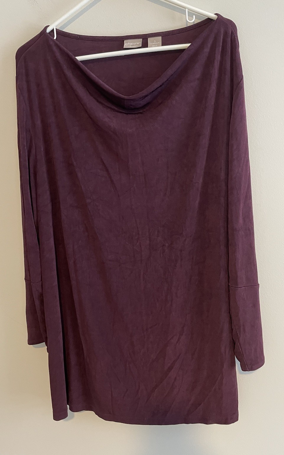 Chico's Travelers Drape Neck top sz 3 womens XL Slinky Knit burgundy Long Sleeve