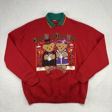 Vtg Teddy Bear Collared Crewneck Sweatshirt Jingle Bears Caroling Red Christmas