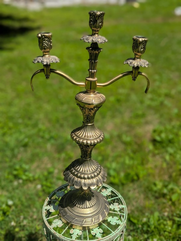 Vintage Ornate Gold Color 3 Arm Metal Candleholder Candelabra -22" H
