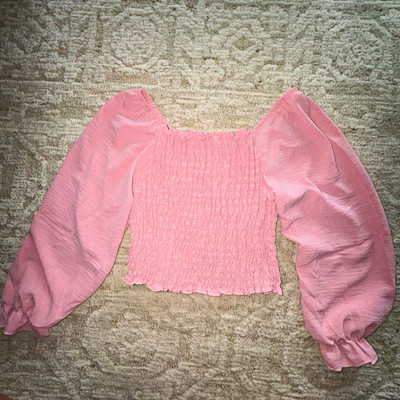 Noci Collection Pink Cropped Blouse Square Neck Puff Long Sleeve Smocked S/M