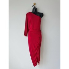 GUESS by Marciano One Shoulder Ruched Red Midi Dress Bodycon Batwing Size Small
