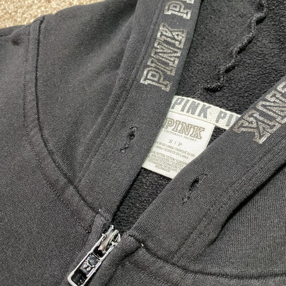 Victorias Secret ROSA Suéter Mujer S Negro Cremallera Completa Estampado Terry Tela Sudadera con Capucha Foto 2 de 4