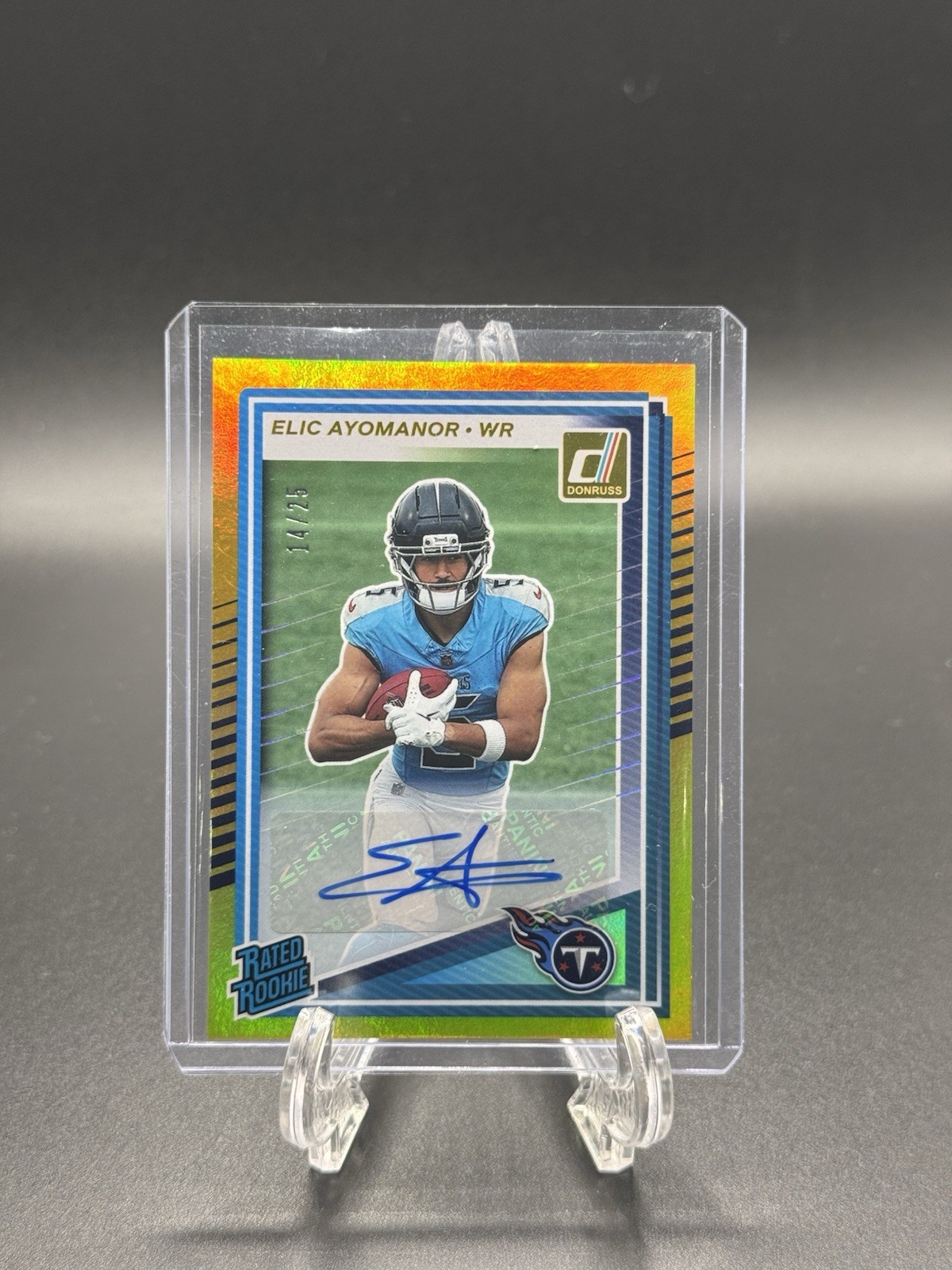 2025 Panini Donruss Elic Ayomanor Rated Rookie Gold Press Proof /25 Auto TITANS