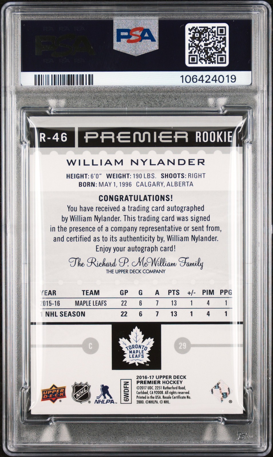 2016 UD Premier #R-46 William Nylander Rookie Auto Silver Spectrum /25 PSA 9 view 2