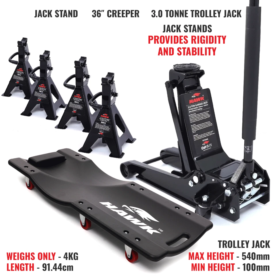 HAWK 3T 3 TONNE LOW PROFILE CAR TROLLEY JACK KIT WITH CREEPER & 4 AXLE STANDS - Image 2 of 4