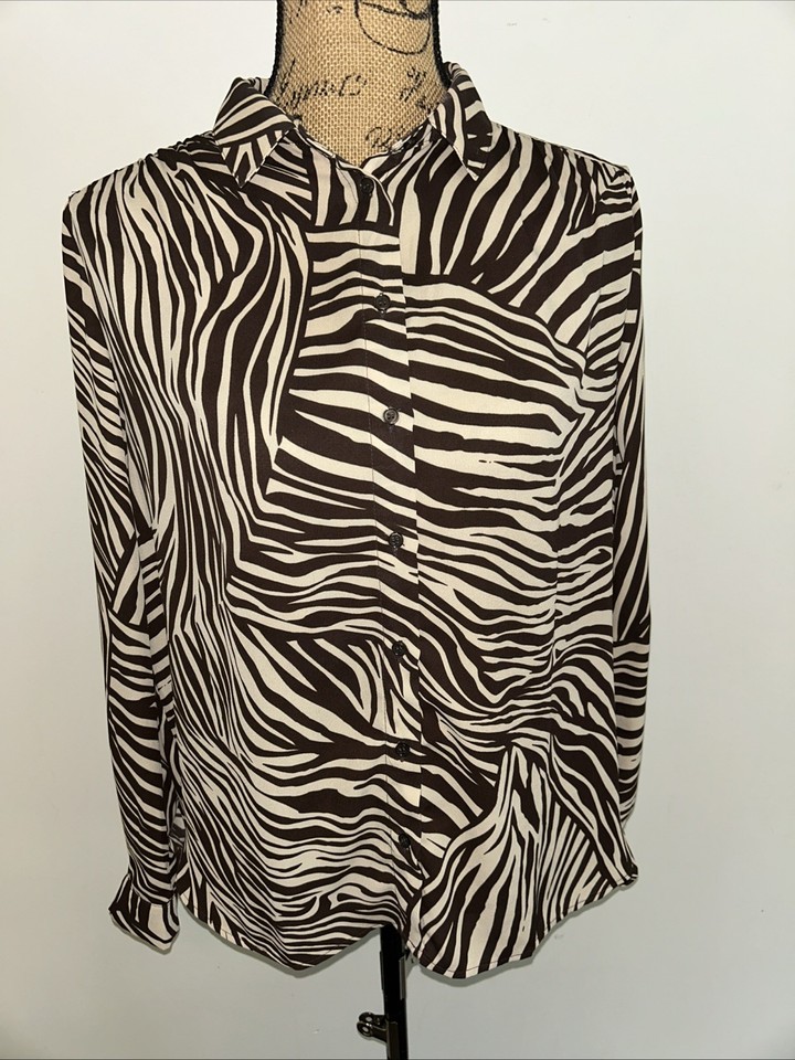 H&M Womens Sz AU 12 Blouse Button Up Shirt Long Sleeve Animal Pattern Collar VGC