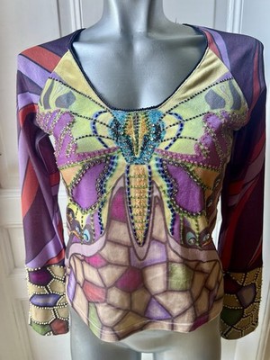 Jane Doe Collection Shirt Top M Lila gelb Perlen Pailletten Vintage 70er Boho