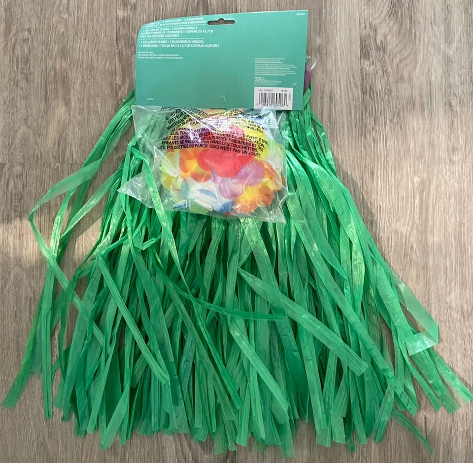 Disfraz de Hula Hawaiano Luau Falda de Hierba, Lei, Sujetador de Hibisco y 2 Pulseras NUEVO Foto 3 de 4