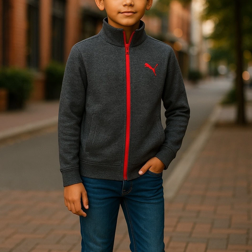 Chaqueta polar Puma para niños talla M 8 10 gris roja cremallera frontal completa capas ligeras Foto 2 de 4