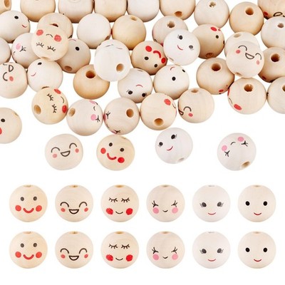 48Pcs round Smile Face Wooden Beads Cute Painted Smiling Face Head Wood Beads 19