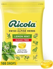 Ricola Sugar Free Lemon Mint Herbal Cough Suppressant Throat Drops, 105ct Bag 