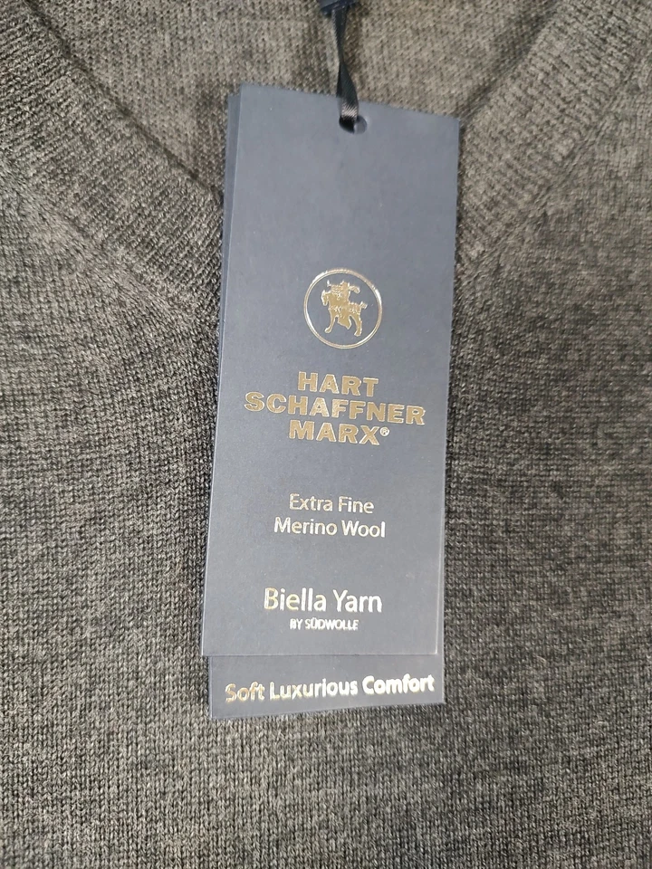 Suéter Hart Schaffner Marx Extra Fino Lana Merino Para Hombres XL Gris Cuello en V Pullover Foto 4 de 4