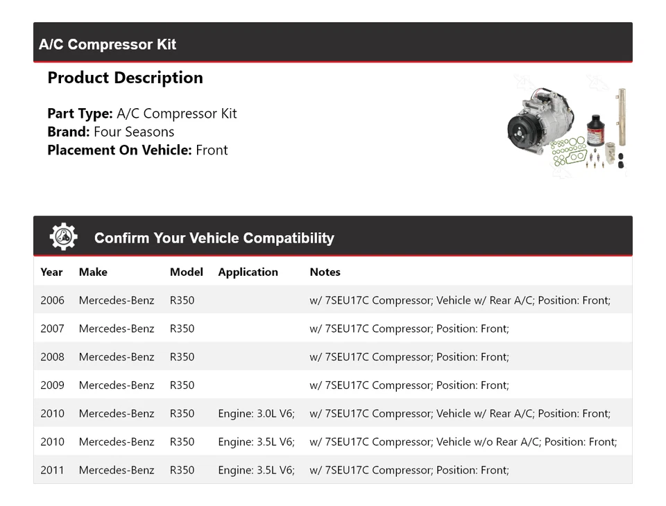 Kit compresor aire acondicionado delantero 4 estaciones 2007 2008 para Mercedes-Benz R350 2006-2011 Foto 2 de 4