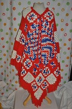 VINTAGE 70's red white blue USA CROCHET fringed Warm PONCHO boho HIPPIE SWING