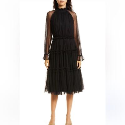 Mille GABRIELLE SHEER SLEEVE TIERED MIDI DRESS IN BLACK TULLE sz S