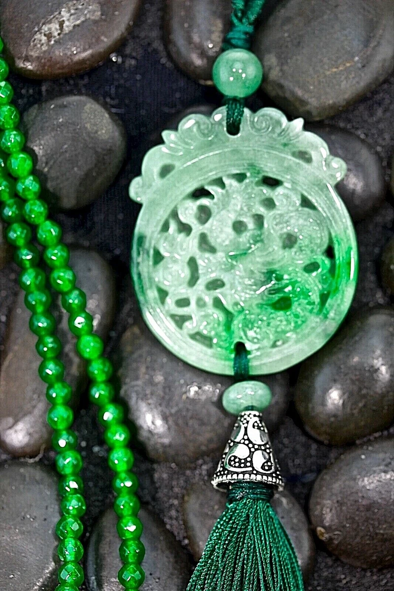 Jade Jadeite Necklace Pendant Green Bead Choker Opera Length Natural Jade Carved