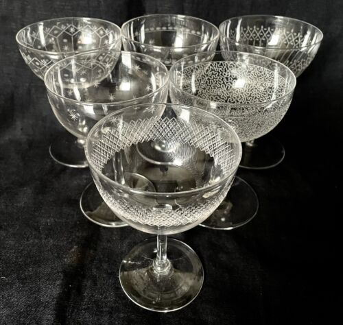 EXQUISITE HARLEQUIN EDWARDIAN CRYSTAL CHAMPAGNE COUPES x6 ANTIQUE/VINTAGE c1910 - Picture 1 of 14