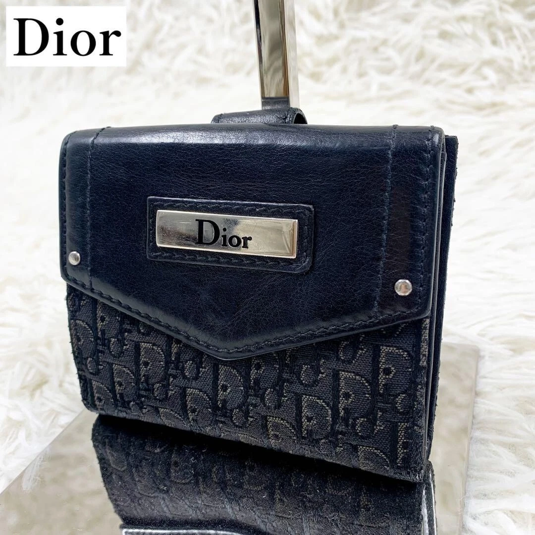 Portefeuille Christian Dior trotteur toile cuir double pli monogramme noir du Japon