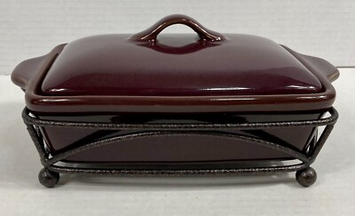Tastefully Simple Maroon Deep Purple Dip Crock with Lid & Serving Rack