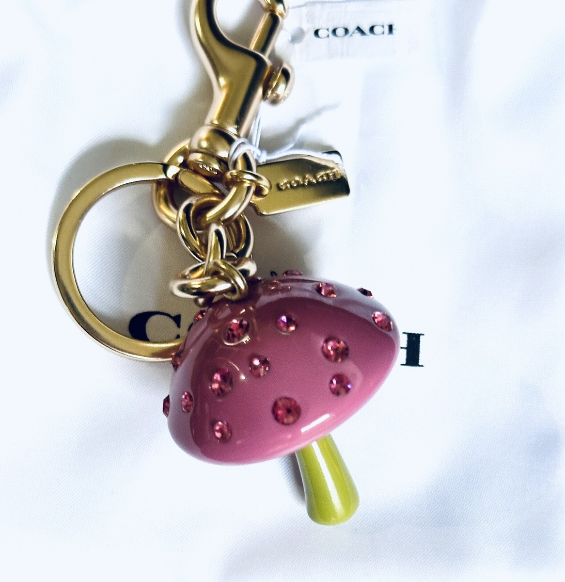 NWT COACH MUSHROOM BAG CHARM FOB KEYRING PINK CRYSTALS