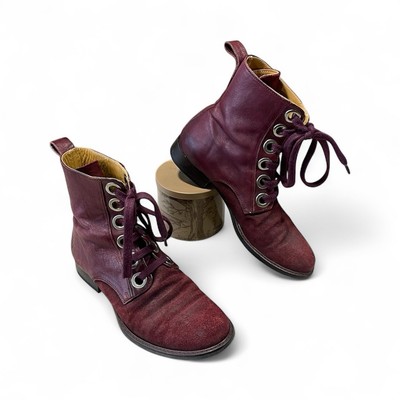 John Fluevog Red Leather Suede Ankle Boots Women s Size 7 Lace Up Bohemian