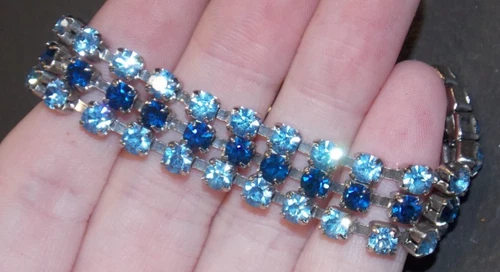 Vintage 3 Rows Blue Rhinestone Prong Set Silvertone Bracelet Costume Jewelry