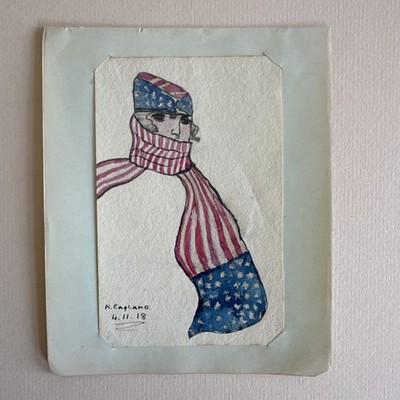 Antikes Aquarell Tuscheportrait amerikanischer Soldat 1. Weltkrieg signiert Sterne Streifen 1918
